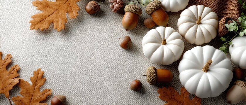 An elegant display features white and yellow pumpkins alongside acorns and dried foliage set on a soft gray fabric surface
