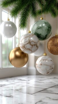Festive decorations include a wrapped gift, ornaments, and natural elements arranged beautifully on a wooden surface for celebrations