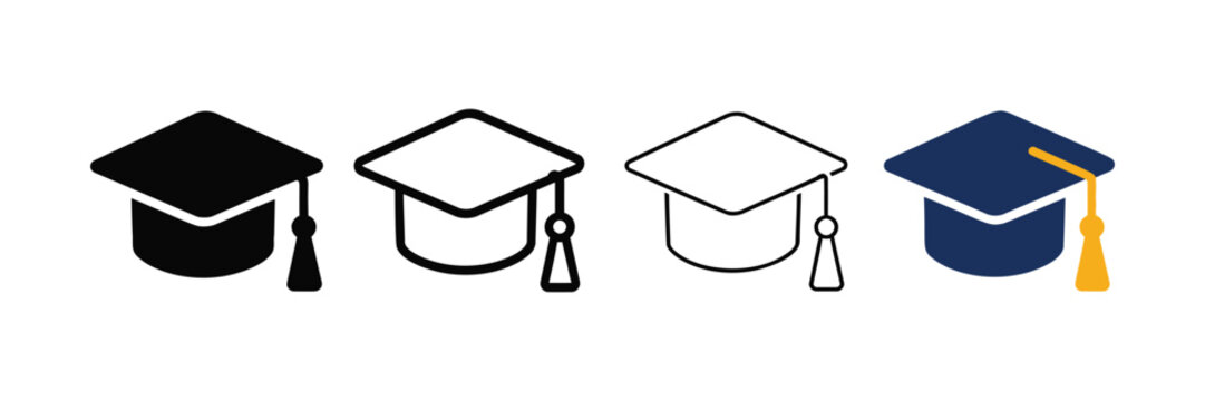 Graduation cap icon set featuring mortarboard academic hats in solid outline and color styles for education and university designs