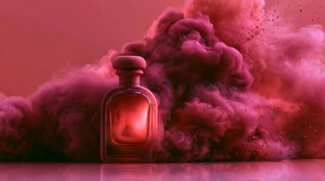 Luxury red perfume bottle surrounded by dramatic pink powder cloud on monochrome background