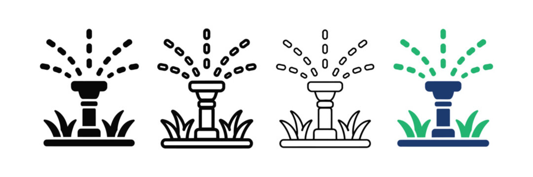 Lawn sprinkler icons set displaying water spraying in grass with various styles and colors
