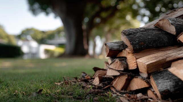 Logs are neatly piled on the ground, surrounded by brown grass and sunny clear skies, creating a rustic outdoor atmosphere