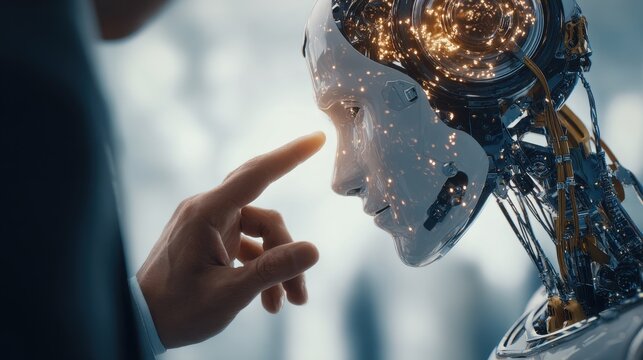 Businessperson touching the face of a humanoid robot