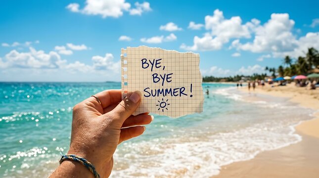Hand holding a piece of paper with bye summer text on a tropical beach
