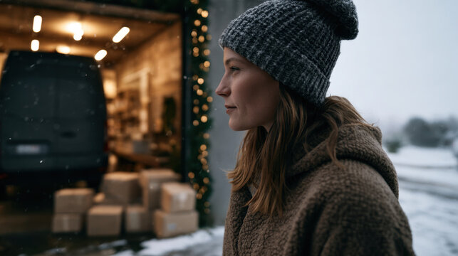 Small business owner watching delivery van during winter shipments
