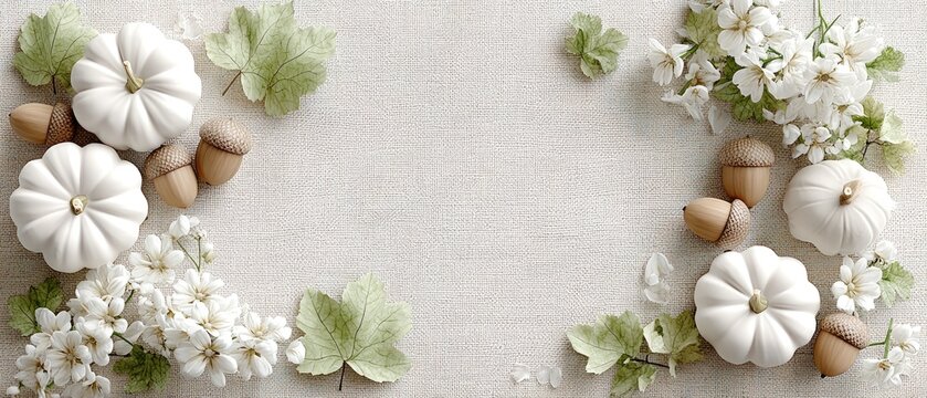 White pumpkins and dried leaves are artfully placed on a soft fabric surface, creating a cozy autumn atmosphere ideal for decoration