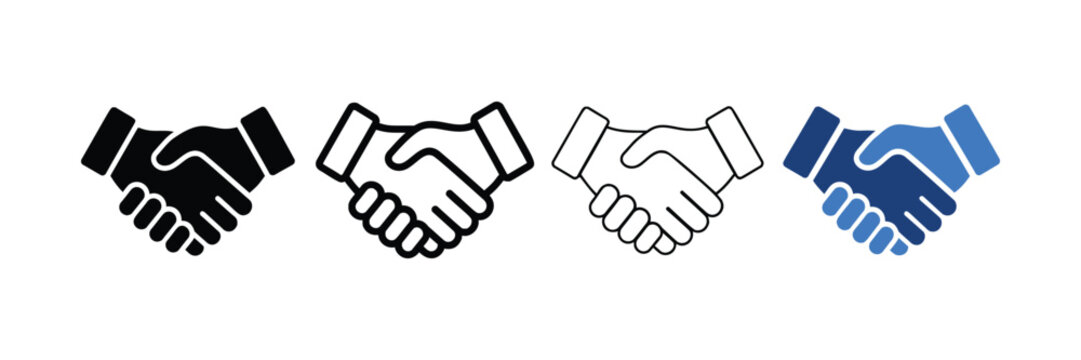 Handshake icon set showing business agreement and partnership in various vector styles with clean minimalist design