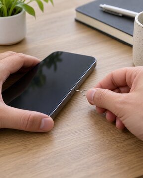 Person using a SIM card ejector tool on a smartphone at a desk  