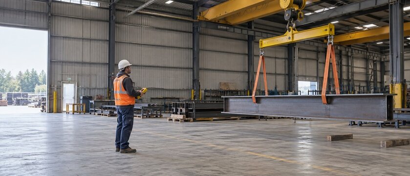 Construction worker operating crane in industrial warehouse  