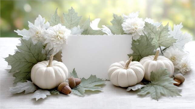 White pumpkins and dried leaves are artfully placed on a soft fabric surface, creating a cozy autumn atmosphere ideal for decoration