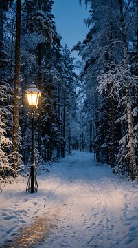 Lit vintage street lamp on a snowy forest path during twilight with winter fores