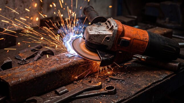 An angle grinder with a spinning disc cuts through rusty metal, sending bright sparks flying across an industrial workbench. Tools and metal debris are scattered on the dark surface.
