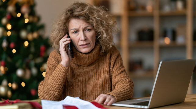 Worried woman calling her bank after noticing suspicious charges while reviewing bills at home during Christmas