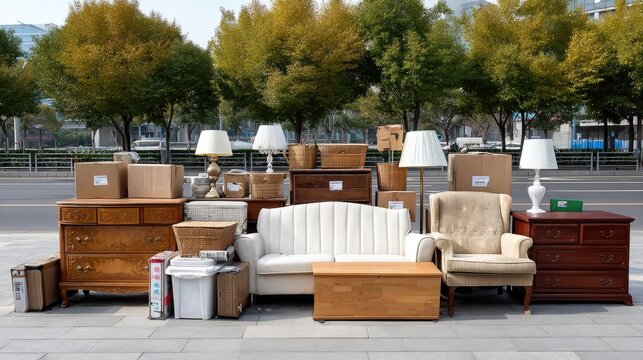 Collection of distinct vintage furniture, including sofas and lamps, arranged outside in a lively setting under clear skies