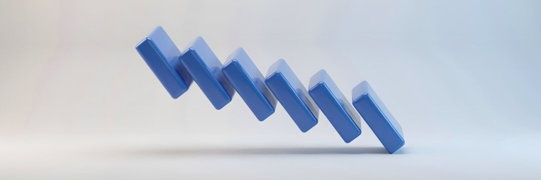 A series of tilted blue rectangular blocks arranged in a descending diagonal line against a soft light gray background, 3d rendered