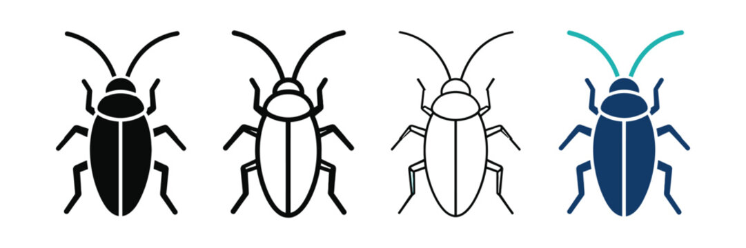 Cockroach icon set featuring different styles including solid silhouette and outline designs on clean white background