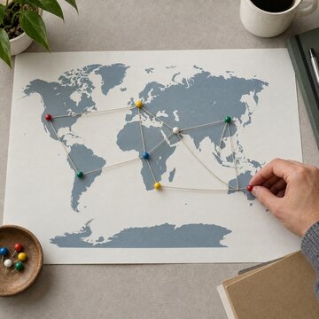 Overhead view of a person pinning locations on a world map with connected string