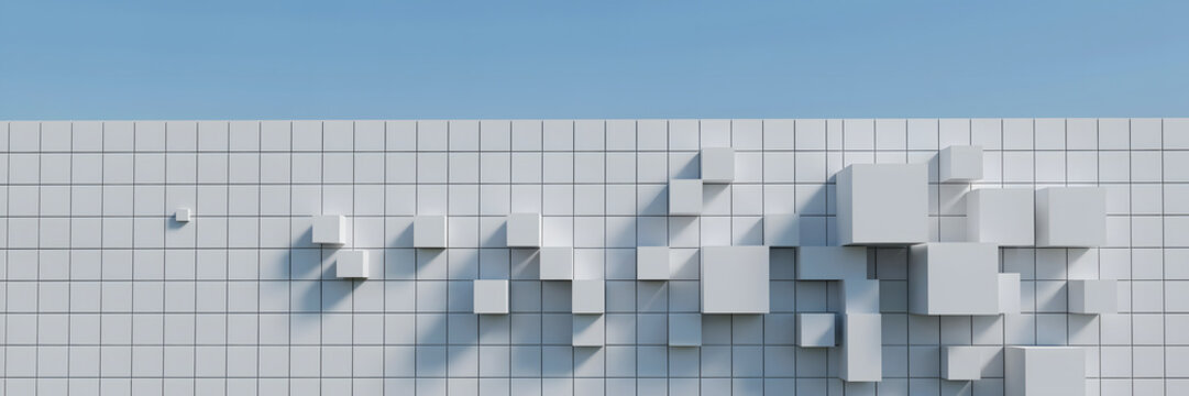A white grid wall with scattered protruding 3d cubes creating a textured architectural surface under a clear blue sky, wide angle view