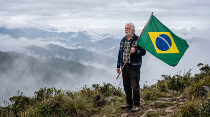 Obraz premium Elderly man holding Brazilian flag on mountain