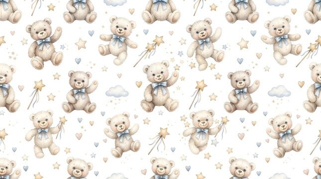 Seamless Christmas Pattern with Cute Teddy Bears and Festive Holiday Ornaments