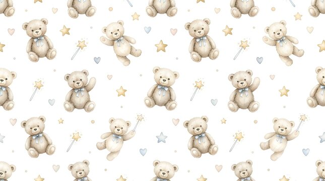 Seamless Christmas Pattern with Cute Teddy Bears and Festive Holiday Ornaments