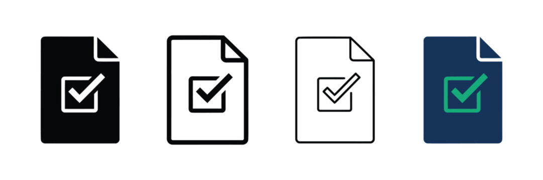 Document icon set with check mark symbols representing completed tasks and approved forms in vector style