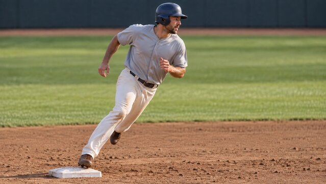 Baseball player in uniform running toward a base on a dirt field