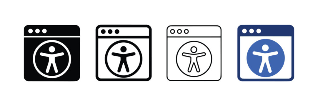Accessibility icon set displaying web browser interface with human figure symbol in various styles for digital design