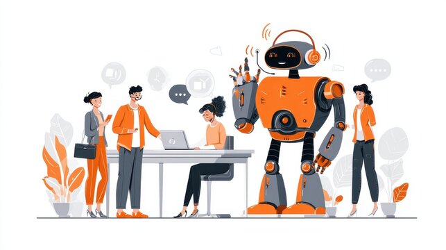Business team collaborating with an automated robot in an office