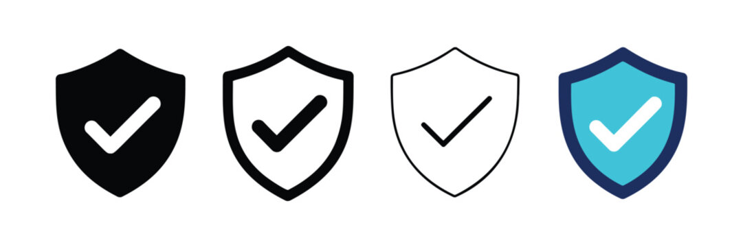 Shield icons with check mark symbols set in various styles for security and protection concepts