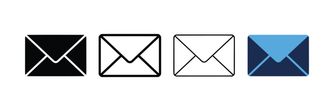 Email icon set displaying various styles including solid, outline, and colored envelope symbols on white background