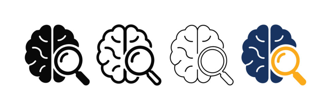 Brain and magnifying glass icons set showing mental health analysis and cognitive research on white background