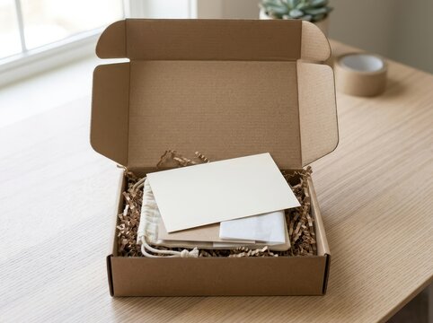 Open cardboard box with blank card and inserts on wooden surface