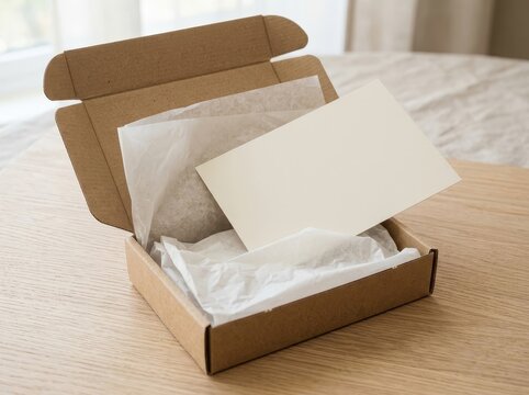 Open cardboard box with blank postcard and tissue paper