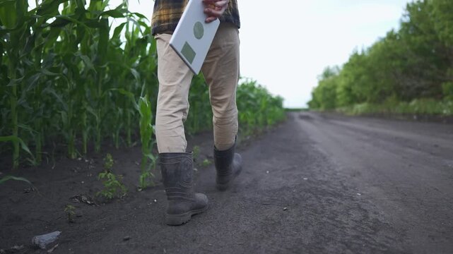 A farmer is walking along a dirt road while holding a tablet. The farmer is surrounded by rows of corn on either side, observing the growing corn in the field.