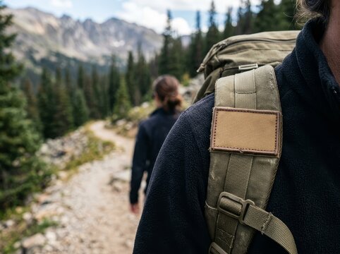 Person with backpack hiking on mountain trail