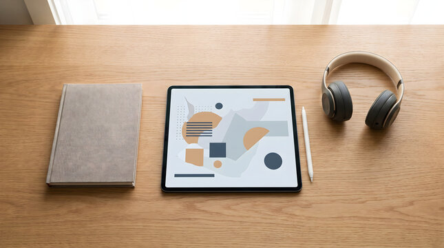 Un curso online para aprender dise&ntilde;o digital con tableta en un escritorio de madera junto a unos auriculares