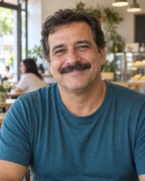Smiling man with a mustache in a cafe looking directly at the camera