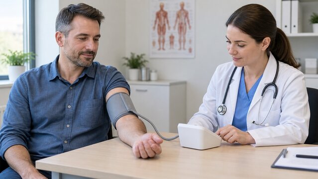 Man getting a blood pressure check up from a female doctor in a clinic