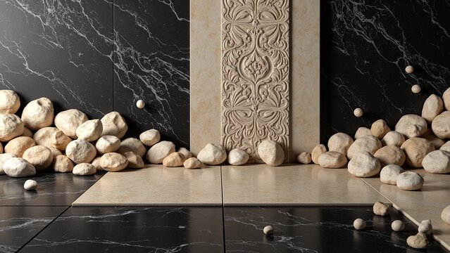 Elegant Black Stone and Beige Ceramic Texture Composition