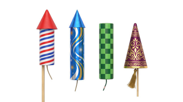 Collection of four colorful decorative firework rockets isolated on as isolated on transparent background