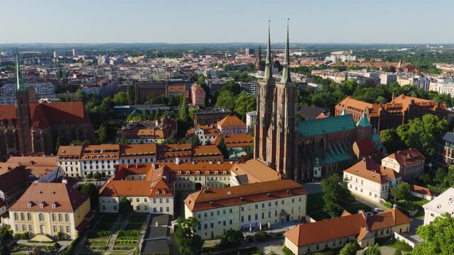 Panoramic aerial view of Cathedral Island Ostrow Tumski at Odra River with Saint John Baptist Cathedral and historic old town district in Wroclaw in Poland