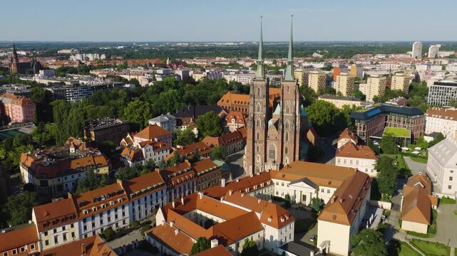 Panoramic aerial view of Cathedral Island Ostrow Tumski at Odra River with Saint John Baptist Cathedral and historic old town district in Wroclaw in Poland