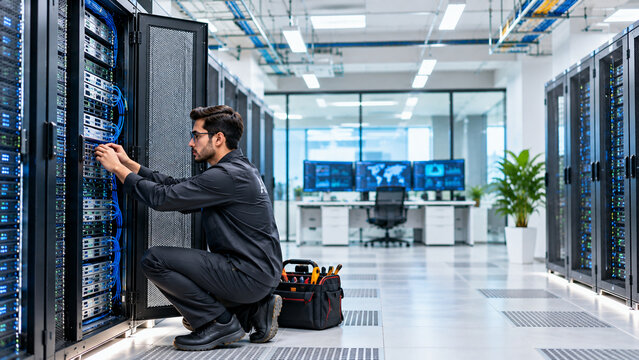 IT Technician Maintaining Server Rack in Modern Data Center