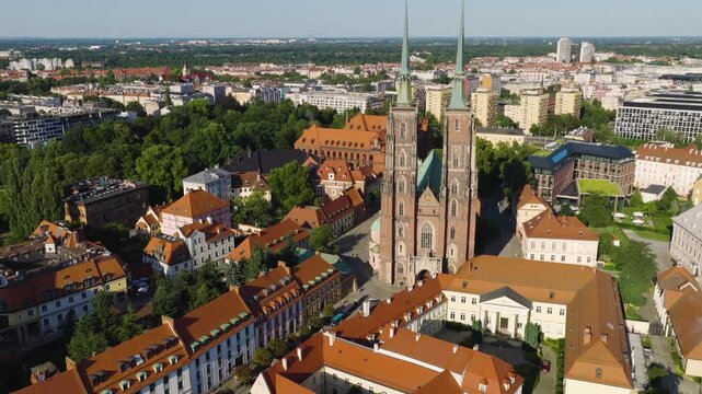 Panoramic aerial view of Cathedral Island Ostrow Tumski at Odra River with Saint John Baptist Cathedral and historic old town district in Wroclaw in Poland