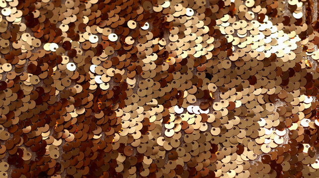Gold sequins fabric texture background with shiny glitter scales.