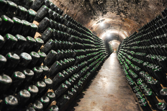 Rows of dusty vintage wine and champagne bottles aging along a vaulted stone cellar tunnel in dim warm lighting, representing traditional underground winery production.