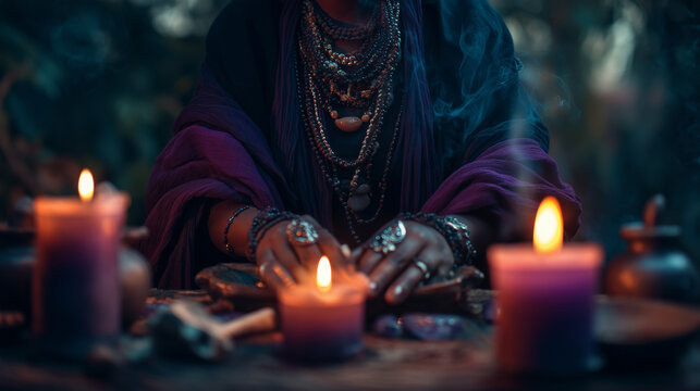 Mystical fortune teller in traditional jewelry performing a spiritual ritual at a candlelit table, surrounded by incense smoke and dark atmospheric lighting, concept of divination and occultism.