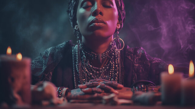 Mystical woman wearing layered jewelry and performing a spiritual ritual among candles and incense smoke, creating an atmospheric scene representing meditation, divination, magic and supernatural beli