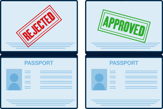 Passport immigration document vector illustration set with approved and rejected stamp markers